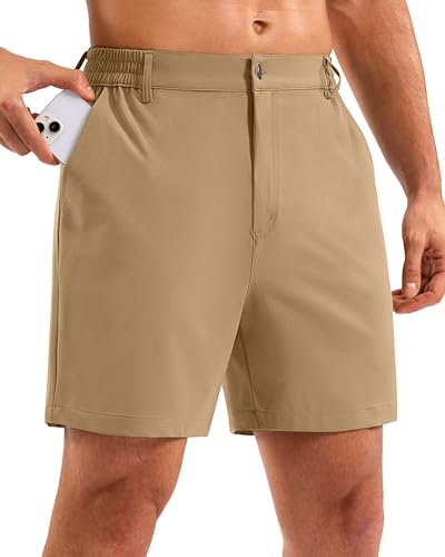 Pudolla Men's Casual Shorts 5" Lightweight Golf Shorts with 3 Pockets Stretch Quick Dry Comfy Work Shorts（Dark_Khaki L5_S