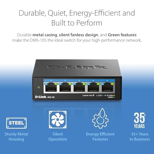 Image of D-Link 5-Port 2.5GB Unmanaged Gaming Switch with 5 x 2.5G - Multi-Gig, Network, Fanless, Plug & Play (DMS-105),Black
