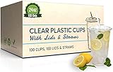Safeware [100 Sets - 24 oz.] Disposable Clear Plastic to go Cups with Flat Lids and Straws | Ice Coffee | Bubble Tea | Smoothie | Cold Beverage | Milkshake | Travel.