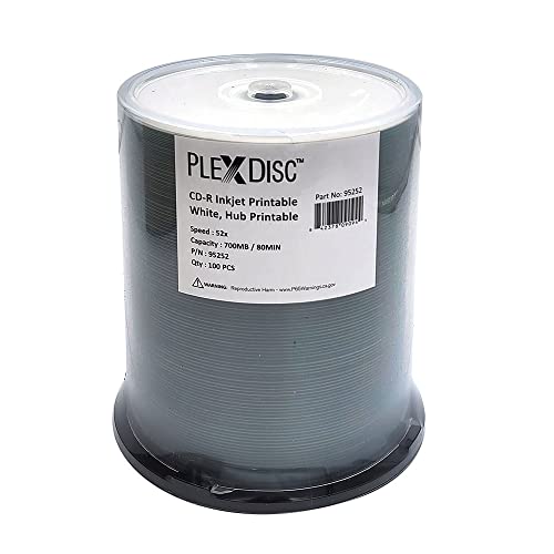 PlexDisc 95252 CD-R 700MB 52X Weißer Tintenstrahl-Hub bedruckbar, 100 Stück Spindel, frustfreie Verpackung, 100 Stück Cover