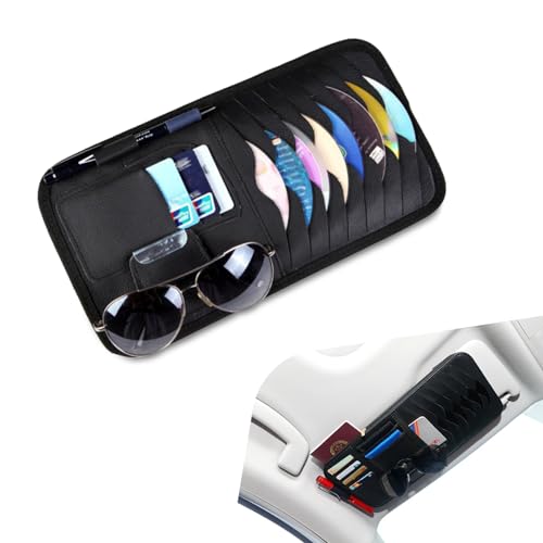 dawfall Pack-1 Car Sun Visor CD Bag, Multi-Function Multi-Pocket Leather CD Storage Holder with Sunglasses Pen Space, One-Hand Grab and Go Portable Organizer, Universal for Cars Accessory (Black)