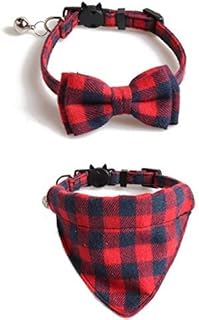 Imikoko Bow Tie Cat Collar Bandana - 2 Packs Classic Plaid Check Cat Collars with Scarf and Bow Tie - Adjustable Size with Breakaway Bell - Perfect for Kitty Cats Puppy Small Dogs Red