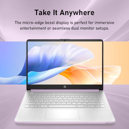 Image of HP dq6012dx 14 inch Laptop, Intel N150 Processor (Up to 3.6GHz), 4GB RAM, 128GB eMMC Storage, 14-inch Micro-Edge Display, Wi-Fi 6, Webcam, HDMI, Windows 11 Home in S Mode, Purple, Bundle with PCO Cooler