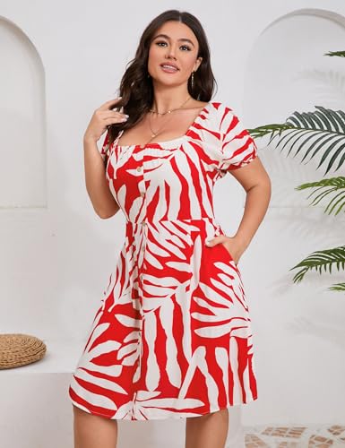 Image of Plus Size Women Boho Floral Dress Puff Short Sleeve Square Neck Button Front A-Line Flowy Summer Casual Midi Dress