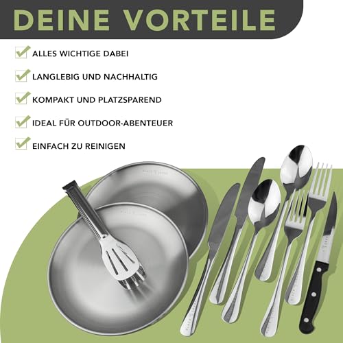 Black Snake Edelstahl Camping Geschirr Set - Teller, Besteck, Grillzange & Steakmesser - Mit Transporttasche - Langlebig - Perfekt für Outdoor & Picknick - 2 Personen - Set
