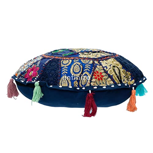 Coussin patchwork ethnique rond bleu pour coin lecture bohème chic