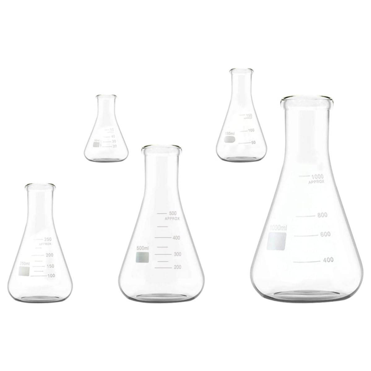 Beuta Conica in Vetro 5 Pezzi, Collo Largo, Fondo Piatto | Beuta Conica in Vetro, Graduazioni Standard e Ampia Area di Marcatura, per Educazione e Applicazioni di Life Science