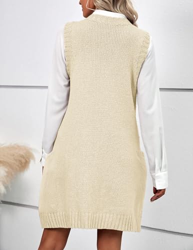 Image of HOTOUCH Women Sweater Vest Oversized V Neck Sleeveless Knit Pullover Ribbed Vest Dress with Pockets