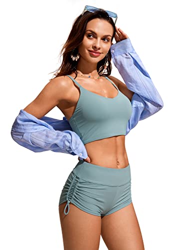 Image of CRZ YOGA Ruched Side Board Shorts 1.1'' | Full Lining, High Waisted, Tummy Control, Swim, Beach, Bathing Bottoms for Women