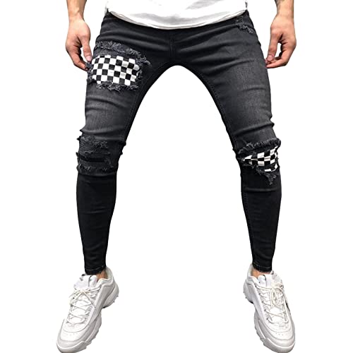 Maiyifu-GJ Men's Ripped Stretch Skinny Jeans Destroyed Patches Tapered Leg Jean Pattern Distressed Slim Fit Denim Pants (Black,XX-Large)