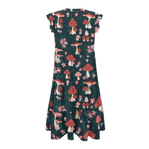 Image of Women's Casual Ruffle Sleeve Dress V Neck Pullover Dress Flowy A-Line Pleated Lightweight Dress with Pockets