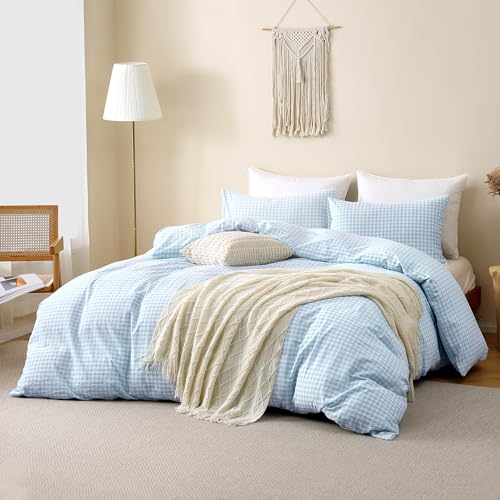 Image of TOCOMOA Sky Blue Gingham Duvet Cover Bedding Set 100% Washed Cotton Like Linen Feel Super Soft Comfy 3 Piece Vintage Plaid Checkered Comforter Cover Set (Queen 90 inchx90 inch, Comforter Not Included)