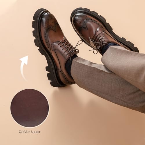 Image of BEAU TODAY Men's Wingtip Oxfords, Brogue Lace-Up Business Dress Derby Shoes | Genuine Cow Leather, Sheepskin Lining, Non-slip EVA Platform Outsole, Wingtip Brogue Design, Versatile For Work or Daily Life