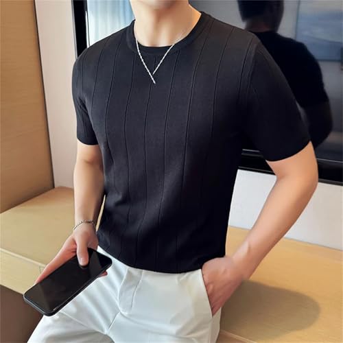 Men's Short-Sleeved O-Neck Sweater Stretchable Striped Top Men's Short Sleeve Crew Neck Sweater4