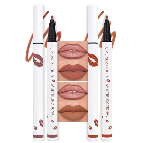 Image of 2Pcs Longwear Liquid Lip Liner Stain Marker Pen Set Long Lasting Waterproof, Mocha Nude Brown Matte Semi Permanent 24 Hour Lip Liner and Lipstick Combo, Color Stay Lipliner All Day Lip Stains peel off