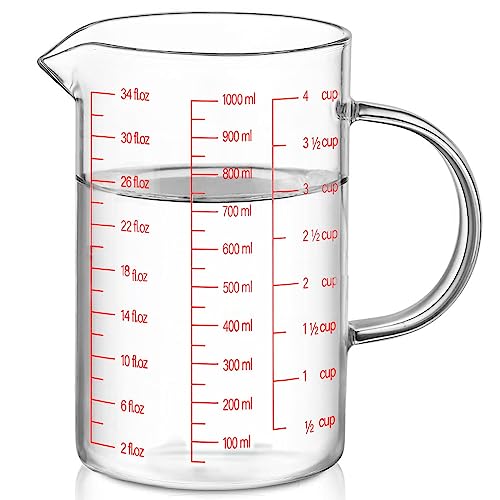 Luvan Glass Measuring Jug 1L /4 Cup,Easy to Read with 3 Types of Markings(ml,oz and Cup),V-Shaped Spout,Borosilica Glass,Microwave,Freezer and Oven Safe,Ideal for Kitchen or Restaurant