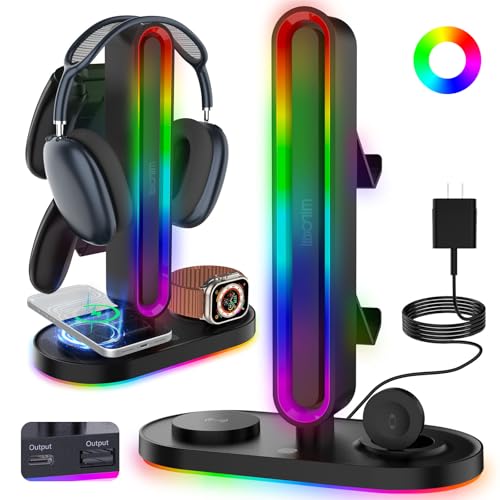 RGB Headset Stand with Wireless Charger, 8-in-1 Charging Station for iPhone, Samsung, Apple Watch Type-C/USB Ports, Gaming Headphone & Controllers Holder, Organizer for Desk Includes 20W PD Adapter