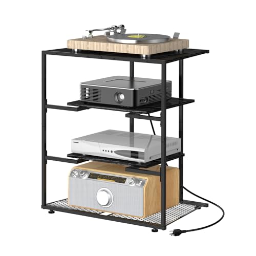 YBING 4-Tier AV Media Stand, Stereo Stand Cabinet, Media Shelf, Video Game Console with Charging Station, Record Player Stand, Corner TV Shelf, Black Entertainment Center for TV