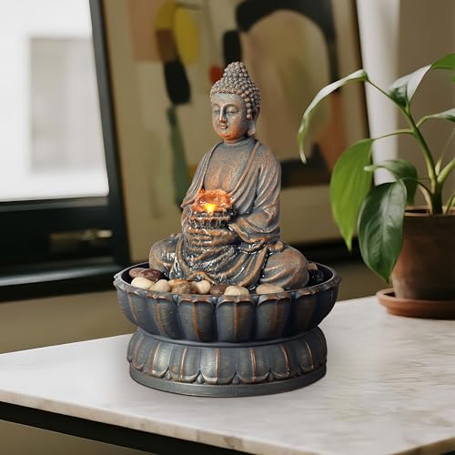 Image of Kalona Home Decor 9.6 inch Tabletop Fountain Exquisite Smile Sitting Buddha Fountains Desk Water Fountain Decorative Zen Fountain w /Reflective Lighting /Cobblestone Office and Home Decor(21125A)