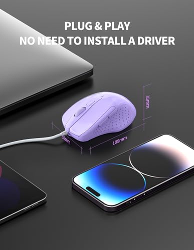 Image of TECKNET Wired Mouse, 6-Button Corded with 4 Adjustable DPI, Optical Ergonomic Design, 5FT Cord for Laptop, Chromebook, PC, Desktop, Mac, Notebook - LT.Purple