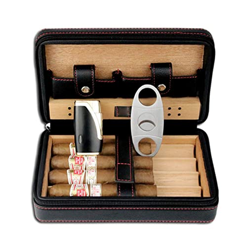 AKT Zigarren Humidor Fall mit Feuerzeug & Zigarrenschneider Tragbare Zigarrenholz Leder Reise Zigarre Luftbefeuchter Set Box,Black