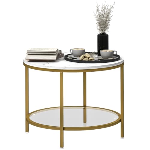 HOMCOM Table Basse Salon Ronde, Table d'appoint Moderne à 2 Niveaux avec Plateau Effet marbre et étagère en Verre trempé, Bout de canapé pour Salon, Chambre, Ø 60...
