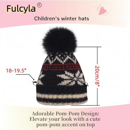 Kids Winter Knit Beanie Hat for Boys Girls Age 3-8 with Faux Fur Pom Warm Fleece Lined3