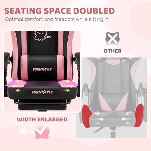 Image of Gaming Chair with Footrest, Comfy Girly Video Game Chairs with Cat Ears Pocket Spring Cushion Massage Lumbar Support & Headrest, Ringing Accessories Cute Leather Ergonomic Computer Chair, Black /Pink
