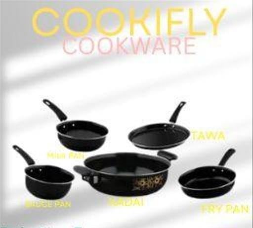 Image of Cast Iron Non Stick Cookware 5 Piece Set Kitchen Essentials Kadai Fry Pan Tawa Saucepan Milk Pan Induction Use Black Free Size