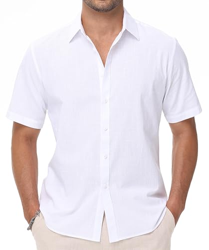 Mens Linen Shirts Short Sleeve Button Down Regular Fit Shirts Casual Vacation Beach Summer Hawaiian Tops