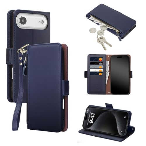 COBEAR for iPhone 17 Air Case Wallet, Pu Leather Flip Phone Case with Wrist Strap, Zipper Pocket, Kickstand, Women Men Phone Wallet Case with Card Holder for iPhone 17 Air,Blue