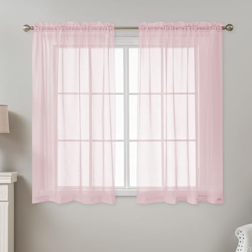 Image of Pink Sheer Curtains 54 Inch Length, Privacy Semi Sheer Curtains for Dining Room Kitchen, Light Filtering Rod Pocket Voile Window Drapes 2 Panels Set, Each 42 inch W x 54 inch L