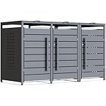 CHOSHOME Triple Wheelie Bin Storage, 240L Outdoor Garden Bin Hideaway in Weather-Resistant Powder-Coated Steel Anthracite Grey, Features Assisted Lifting Lid & Lock, 80D x 200W x 116H cm