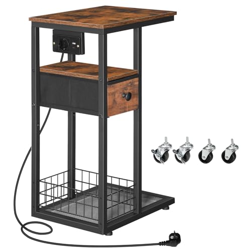 HOOBRO Table d’Appoint en C avec Multiprise (1 AC, 1 USB-A, 1 Type-C) et 1 Tiroir, Table de Chevet, avec 4 roulettes et 4 Pieds Réglables, pour Chambre,...