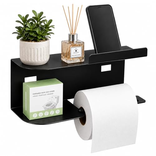 Diboniur Porte Papier Toilette, Support Papier Toilette Mural avec étagères Spacieuses, Installation avec Vis ou Auto-adhésif, Noir, pour Toilettes et...