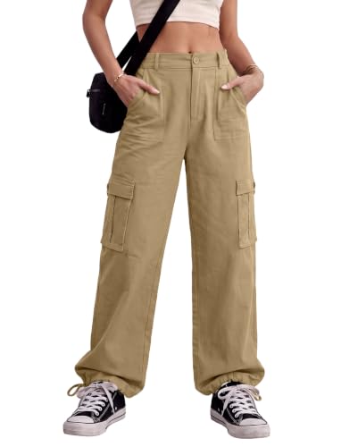 Lepunuo Women's High Waisted Cargo Pants Travel Y2K Streetwear Baggy Stretchy Pants with 6 Pockets Khaki