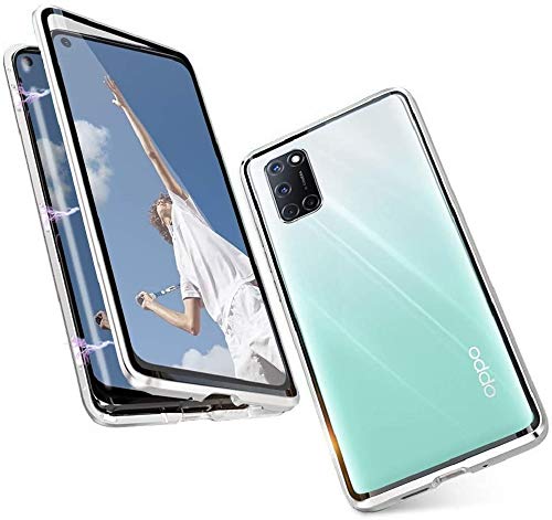 Custodia per OPPO A52 / A72 / A92 Cover 360 Gradi Full Body Protettiva Antiurto Cover Flip Case Trasparente Vetro Temperato Custodia Metal Bumper con Adsorbimento Magnetica Copertura Case, Argento