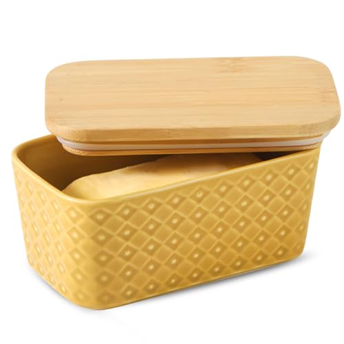Tikooere Ceramic Butter Dish with Lid,Large Butter Container with Airtight Cover for Countertop or Refrigerator,Farmhouse Kitchen Butter Holder for Gift,Dishwasher Safe,Yellow Embossed Pattern by Tikooere - Used condition - US$14.40