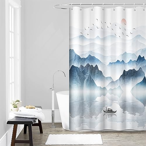 Ruelvth Mountain Shower Curtain, Abstract Sunrise Ink Painting Shower Curtain for Bathroom Small Boat on The Sea Aesthetic Nature Scenery Fabric Shower Curtain Set with Hooks, 60x72 Inch