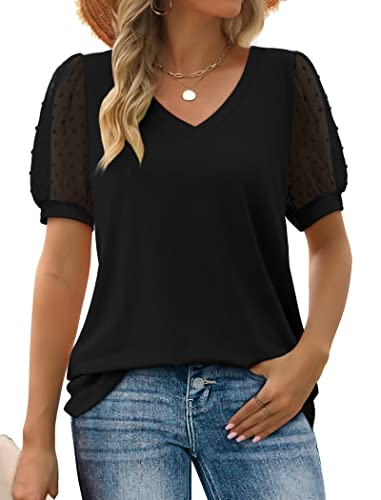 Image of Aokosor Womens Summer Tops V Neck T Shirts Swiss Dot Puff Sleeve Tops Loose Casual Tshirts