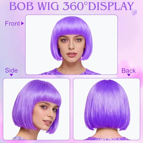 Image of MEEZY 2 Pcs Colorful Bob Wigs with Bang Sky Blue Light Purple for Women, Neon Funny Wig Short Bob Hair with Heart Sunglasses Hair Cap for Halloween Costume Cosplay Birthday Bachelorette Party Carnival