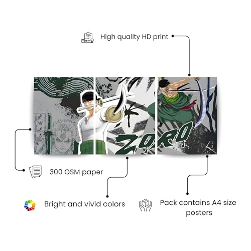 Image of ADRAIL STORE One Piece Anime Manga Poster, Zoro Character Design Wall Poster 3 Panal - A4 Size, 300 GSM, Wall Decor Posters Wall Art For Bedroom, Living room, Office, Dining Room,No Frame (Zoro-3)