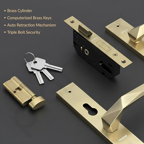 Image of Plantex Heavy-Duty Door Lock Handle Set / 6-Lever Lock Mechanism with 3 Years of Warranty /Mortise Lock with 3 Keys, Brass Lock Body & Cylinder - (8129-Brass Antique)