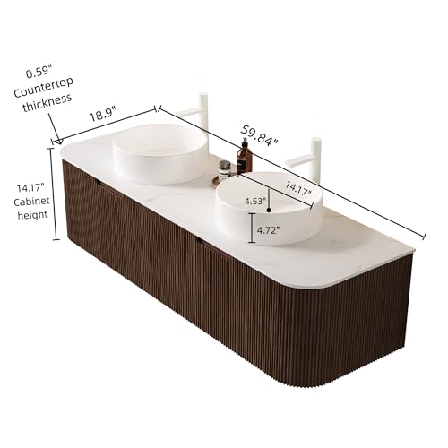 Image of KEIKI 60 inch Floating Bathroom Vanity with Sink, Double Basin Wall Vanity Cabinet with Curved Edges, 2 Soft-Close Drawers, Pre-Assembled Bathroom Storage Vanity, Walnut