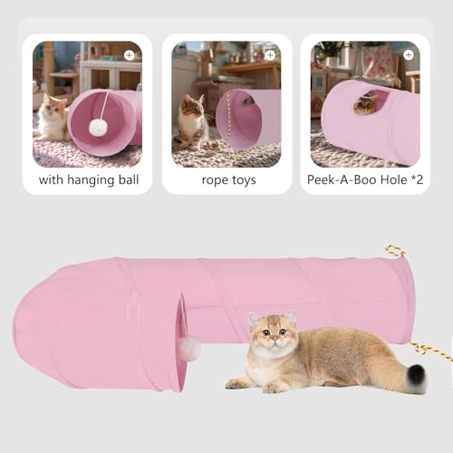 Image of Cat Tunnel, 2-Way Collapsible Cat Tube with Interactive Peek-A-Boo Hole, Toy Ball, and Rope - Ideal for Indoor Cats, Kittens, and Rabbits (Pink)