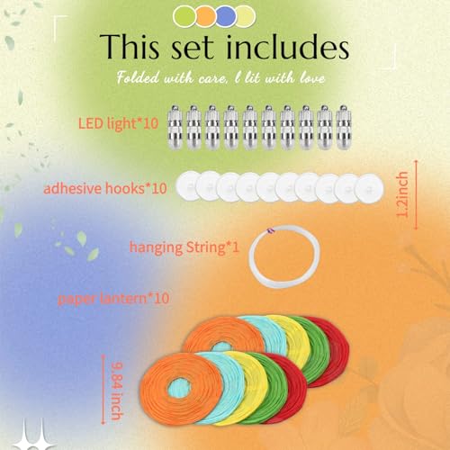 Image of Colorful Chinese Paper Lanterns with LED Lights, 10-Pack 10inch | Hanging Lights for Birthday Party Decorations, Ceiling Decor, Rainbow Classroom, Home Party, Baby Shower & Carnival