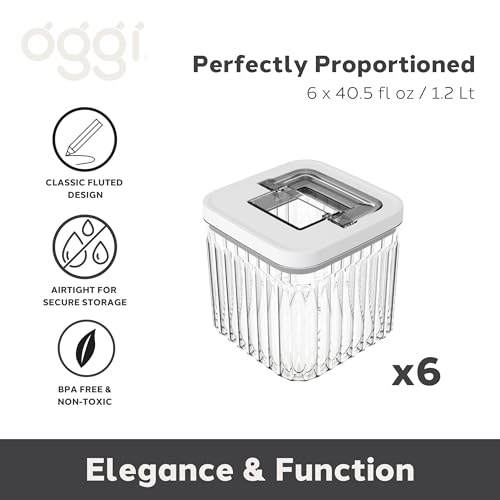 Oggi Airtight Clear Fluted Canister Set of 6 - Stackable Food Storage Containers with Lids, Vintage Modern Farmhouse Style, Kitchen Counter & Pantry Organization, Size - 6 x 40.5 fl oz / 1.2 Lt by Oggi - Used condition - Image 2