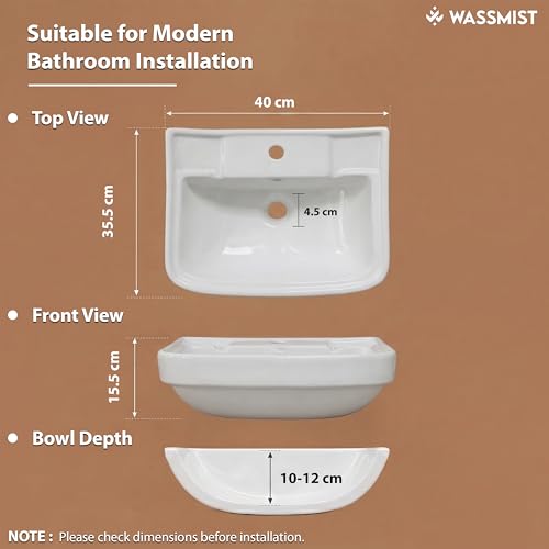 Image of WASSMIST Wash Basin | Wall Hung Wash Basin for Bathroom with 10 Year Glaze Warranty | Premium Ceramic Compact Basin with Tap Hole (15.7 X 14 X 6.1 Inch)