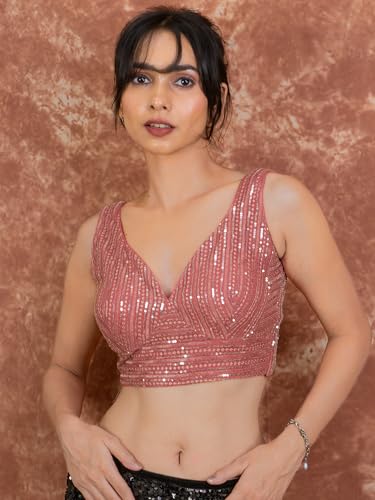 Image of FIGURE'S DESIGNER Women's Sequin Embroidered SabyaSachi Cut Sweetheart V Neck Sleeveless Readymade Saree Blouse E30