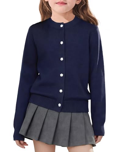 Hvididan - Hvididan Navy Blue Sweater for Girls, Size 7-8 Uniform Cardigan Sweater for Kids, Long Sleeve Button Knit Solid Tops (15% Off Amazon Deal)